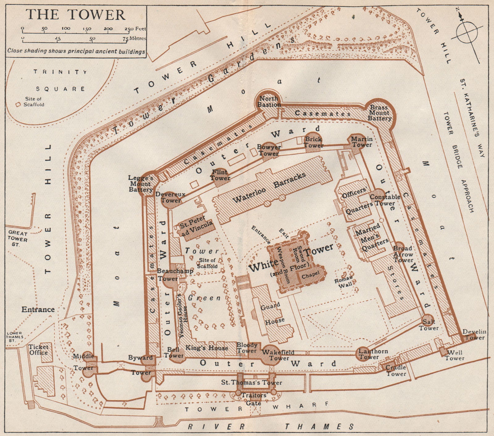 TOWER OF LONDON. Vintage map plan 1922 old antique chart